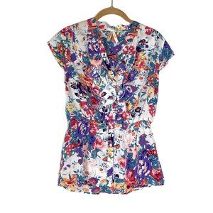 4/$25 Truth NYC Top Blouse Floral Front Button Ruffle Cap Sleeve Women Sz L